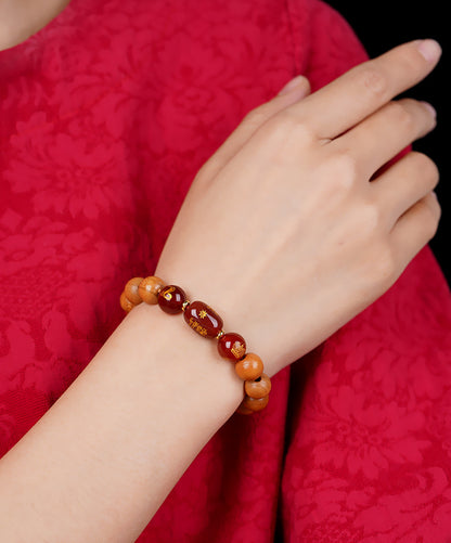 Natural Peach Wood Agate Five-Way Wealth God Fortune Bracelet for Zodiac Birth Year