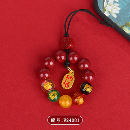 Natural Purple Gold Cinnabar Agate Five Directions God of Wealth Phone Keychain Pendant