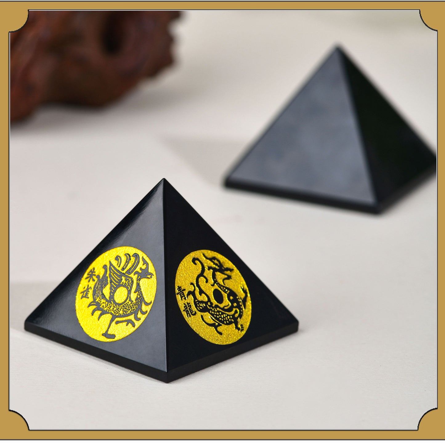 Natural Obsidian Pyramid with Four Divine Beasts - Feng Shui Home Ornament for Protection and Harmony