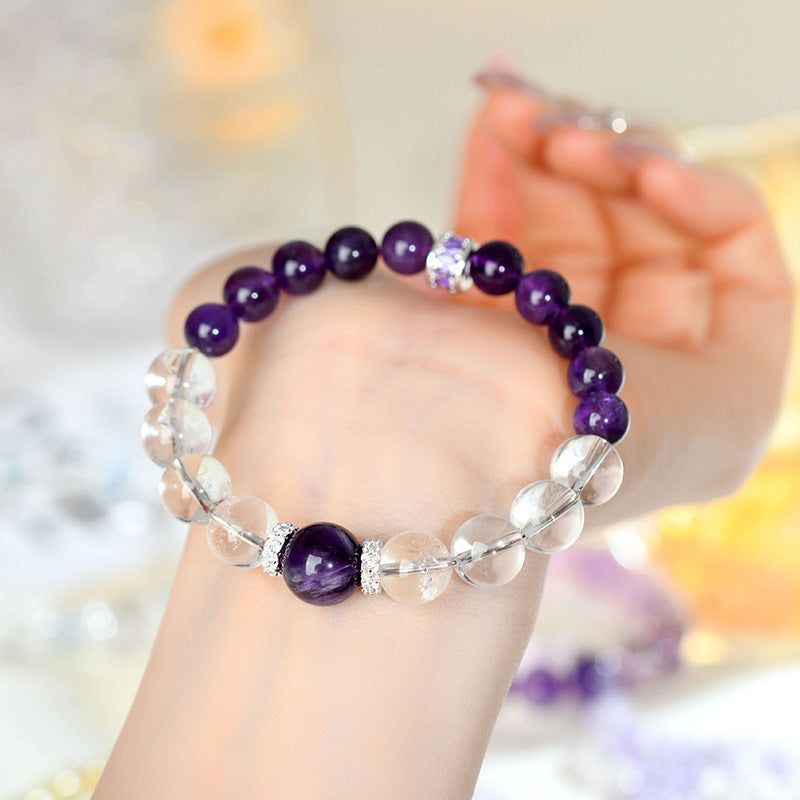 Natural Uruguay Amethyst & White Crystal Bracelet - Spiritual Harmony & Elegance for Women