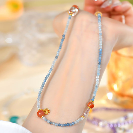 Natural Crystal Aquamarine Southern Red Agate Collarbone Necklace - S925 Silver Elegant Jewelry for Women