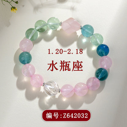 Rose Quartz Fluorite Aquarius Crystal Bracelet | Zodiac Love & Spiritual Harmony Talisman