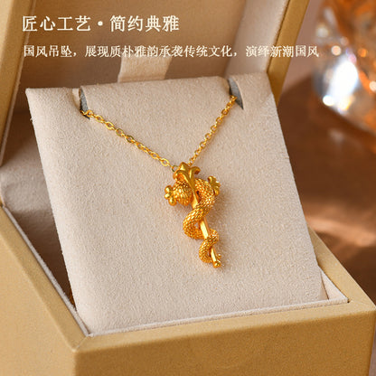 Golden Snake Scepter Pendant Necklace - Chinese Zodiac Snake Year Blessing Chain