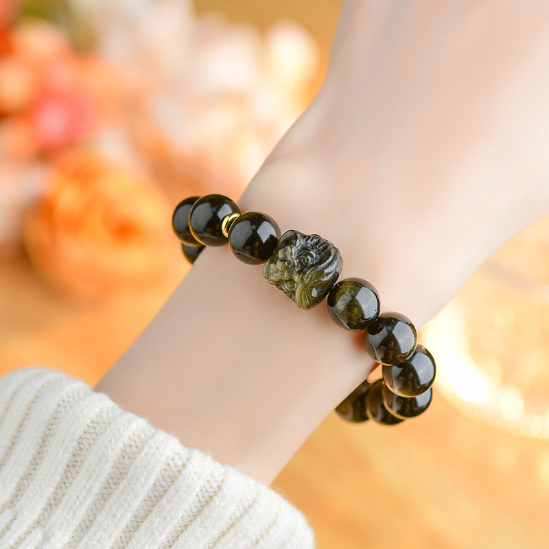 Golden Obsidian Double Color Eye Bracelet with Awakening Lion - Chinese Style Spiritual Protection Jewelry