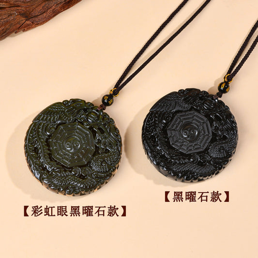 Natural Obsidian Dragon Phoenix Tai Chi Bagua Round Pendant Necklace - Harmony & Protection Amulet