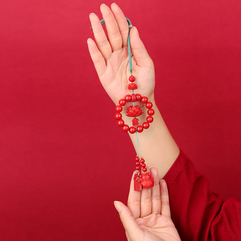 Natural Imperial Red Cinnabar Peace Lotus Car Hanging Ornament - Feng Shui Protection Charm