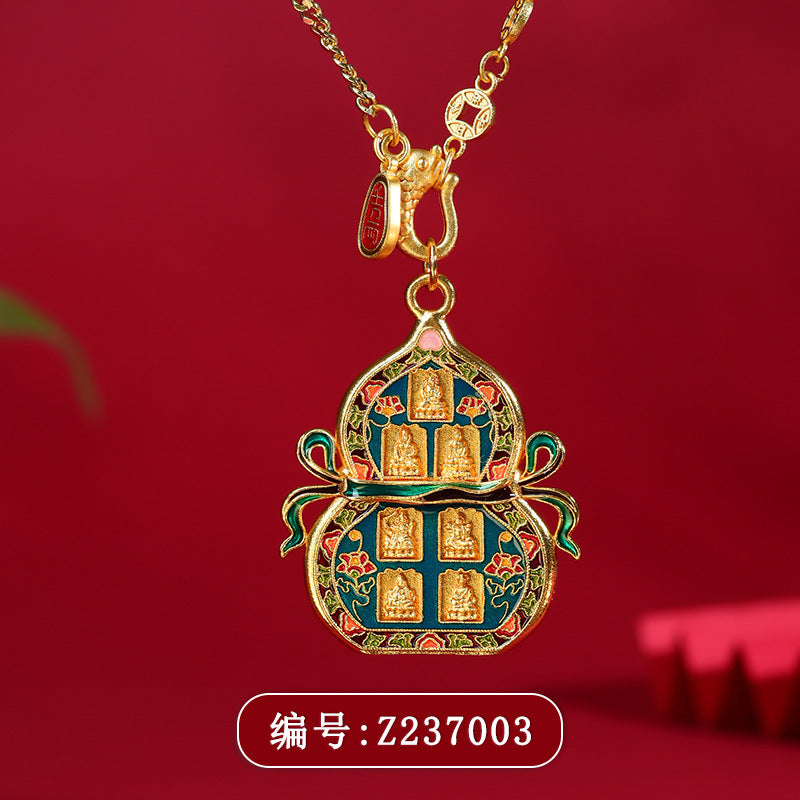 Gold-plated Cloisonné Seven Treasures Lotus Gourd Pendant Necklace | Wealth & Protection Amulet