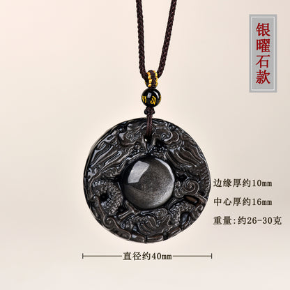Natural Obsidian Double Dragon Guardian Pendant for Zodiac Year Protection and Good Fortune