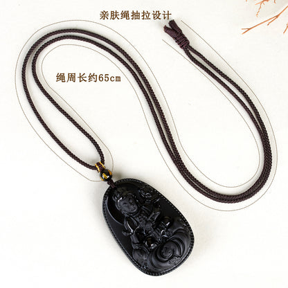 Natural Obsidian Zodiac Buddha Pendant with Eight Guardian Gods - Spiritual Protection Amulet