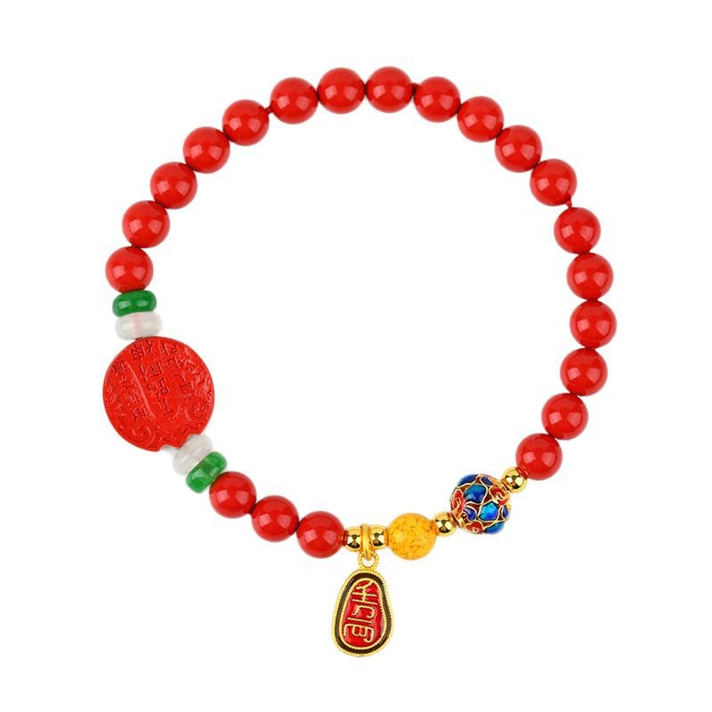 Natural Cinnabar Five Directions Wealth God Bracelet | Zodiac Year Red for Prosperity & Protection
