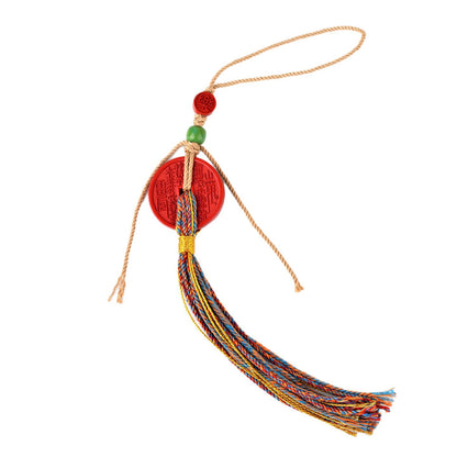 Natural Cinnabar Mountain Ghost Flower Pendant with Tibetan Woven Tassel - Spiritual Protection Bag Charm