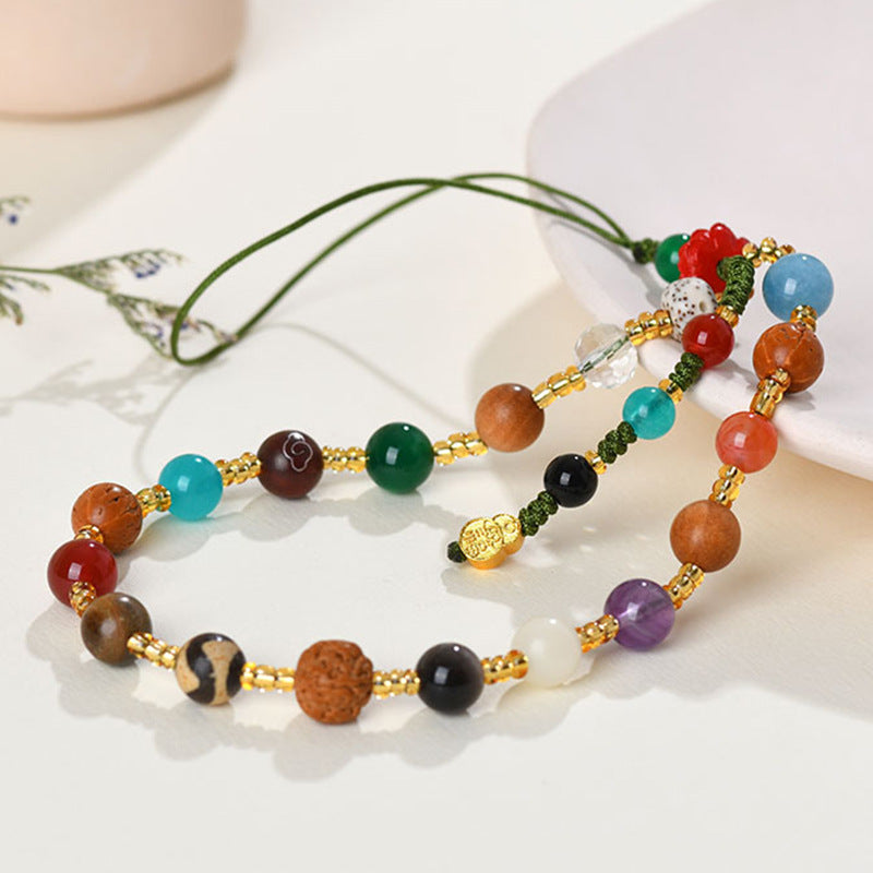 Multi-Treasure Crystal Agate Sandalwood Bodhi Phone Chain with S925 Silver Gourd Pendant