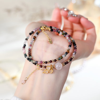 Natural Tourmaline Garnet Rose Quartz Double Circle Bracelet | Adjustable Female Wangfu Stone for Love & Fortune