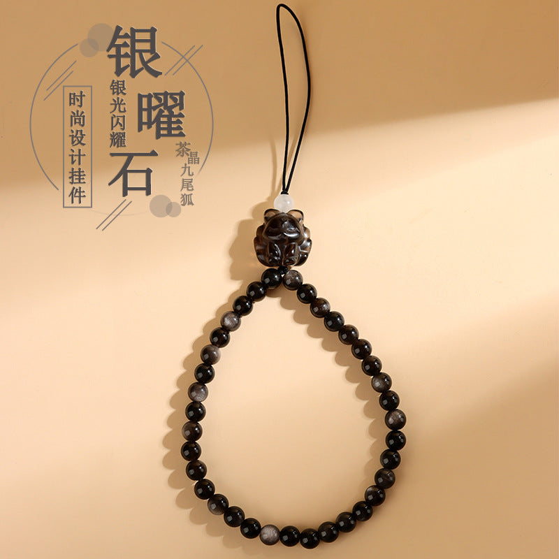 Mystical Silver Obsidian Tea Crystal Nine-Tailed Fox Charm for Protection and Good Fortune