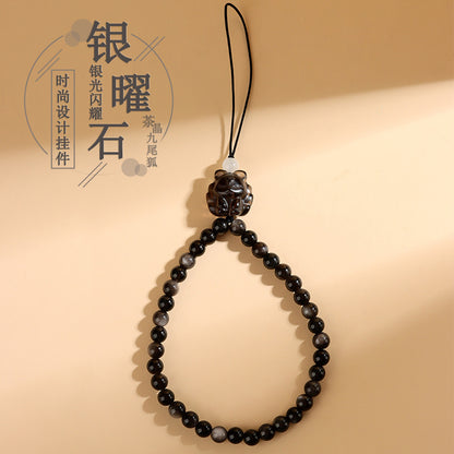 Mystical Silver Obsidian Tea Crystal Nine-Tailed Fox Charm for Protection and Good Fortune