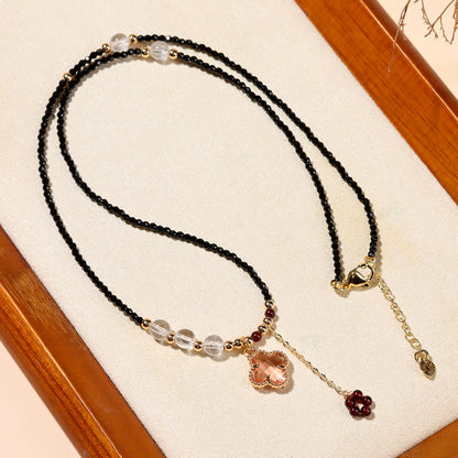 Black Spinel Multi-Circle Bracelet with Four-Leaf Clover | Lucky Charm Protection Jewelry