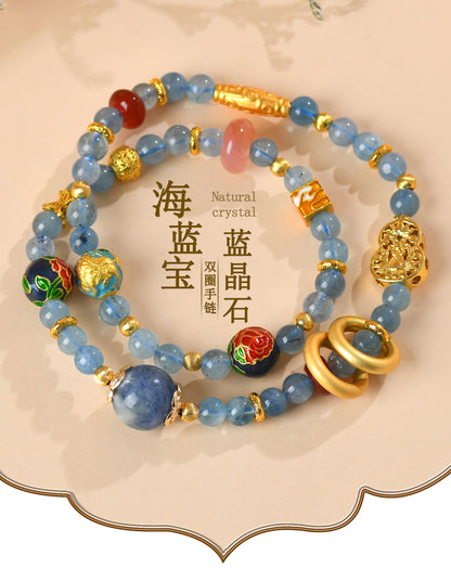 Natural Aquamarine Kyanite Double Circle Bracelet with Southern Red Agate Peace Buckle - Women's Spiritual Elegance