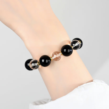 Natural White Crystal and Black Obsidian Single Circle Bracelet - Unisex Spiritual Protection Jewelry