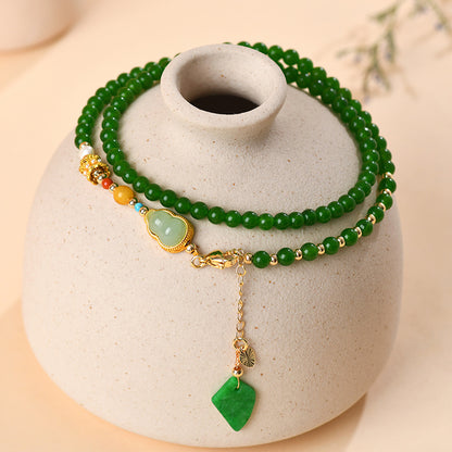 Green Chalcedony Gourd Pendant Necklace | Chinese Retro Style Fortune & Protection Amulet