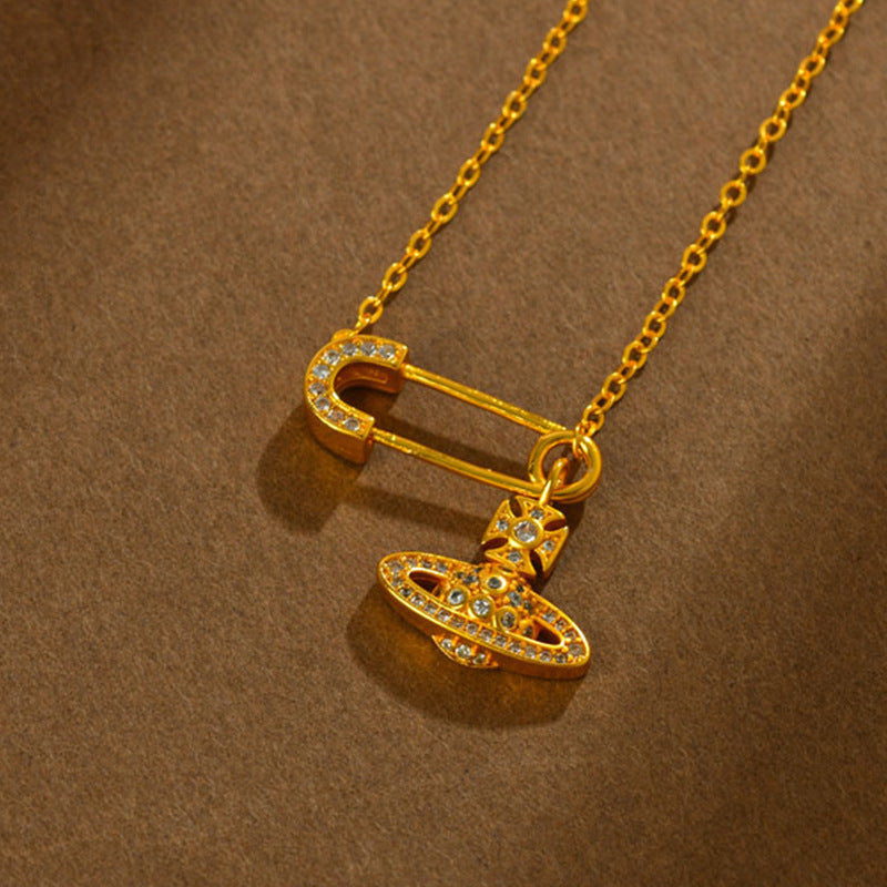 Golden Saturn Pin Necklace | 3D Planet Design Fashion Clavicle Chain