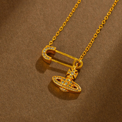 Golden Saturn Pin Necklace | 3D Planet Design Fashion Clavicle Chain