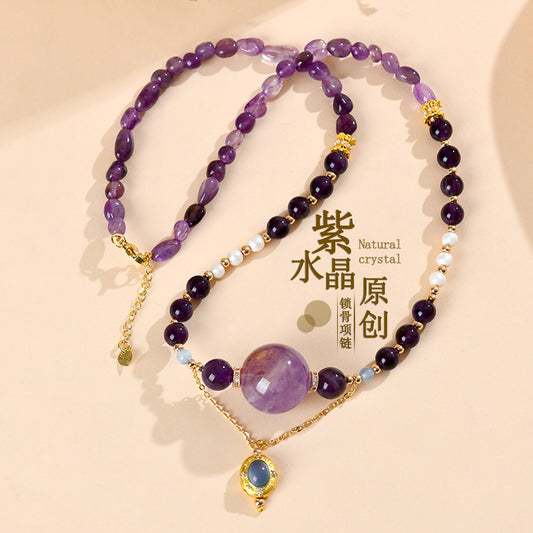 Natural Amethyst Pearl Aquamarine Collarbone Necklace - Spiritual Energy & Elegance