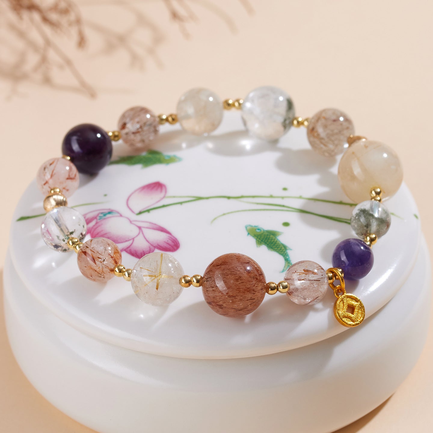 Natural Crystal Multi-Gem Bracelet with Amethyst and Golden Rutilated Quartz | Spiritual Protection & Wealth Energy