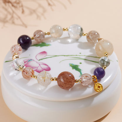 Natural Crystal Multi-Gem Bracelet with Amethyst and Golden Rutilated Quartz | Spiritual Protection & Wealth Energy