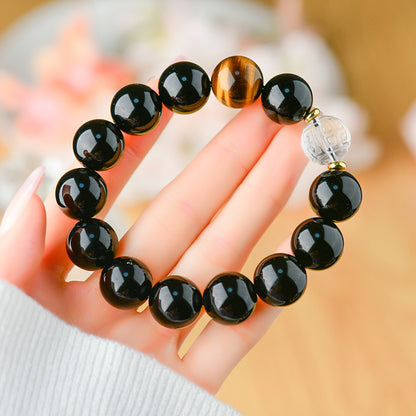 Natural Obsidian and White Crystal Cloud Bead Bracelet for Men - Protection and Energy Flow