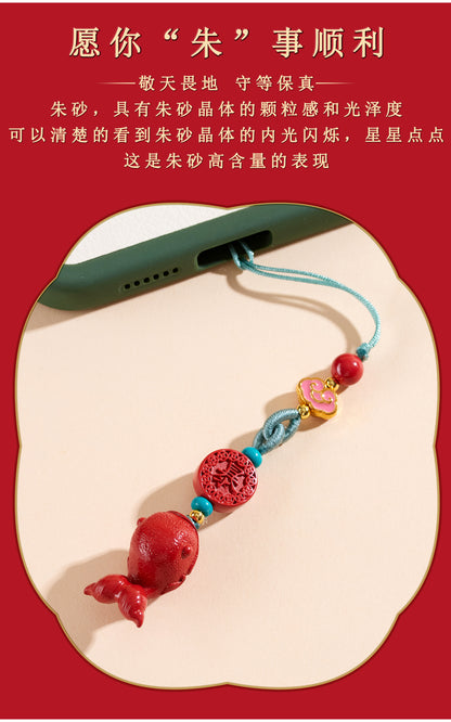 Imperial Red Cinnabar Whale Phone Chain Pendant - Protective Charm for Good Fortune