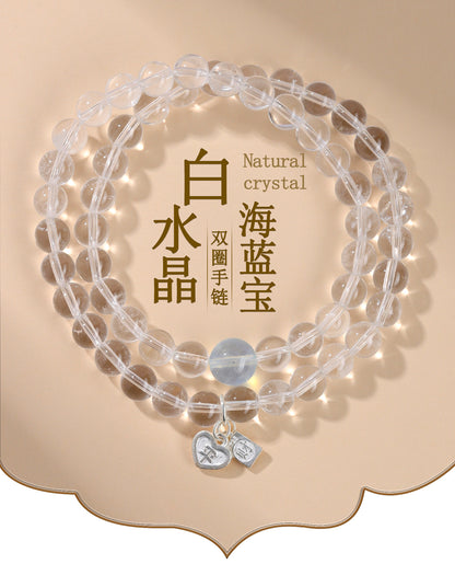 White Crystal Aquamarine Double Circle Bracelet - S925 Silver Chinese Style Elegance