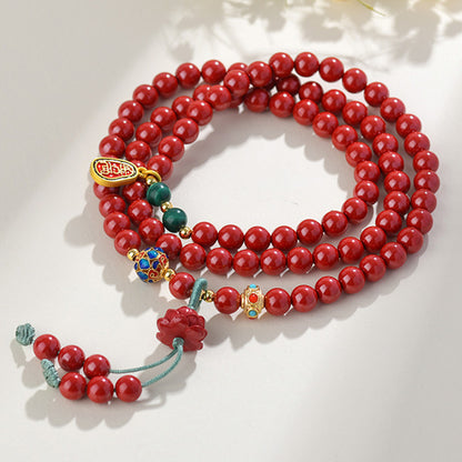 Natural High Content Cinnabar Three-Circle Bracelet with Red Lotus Bead for Women's Birth Year