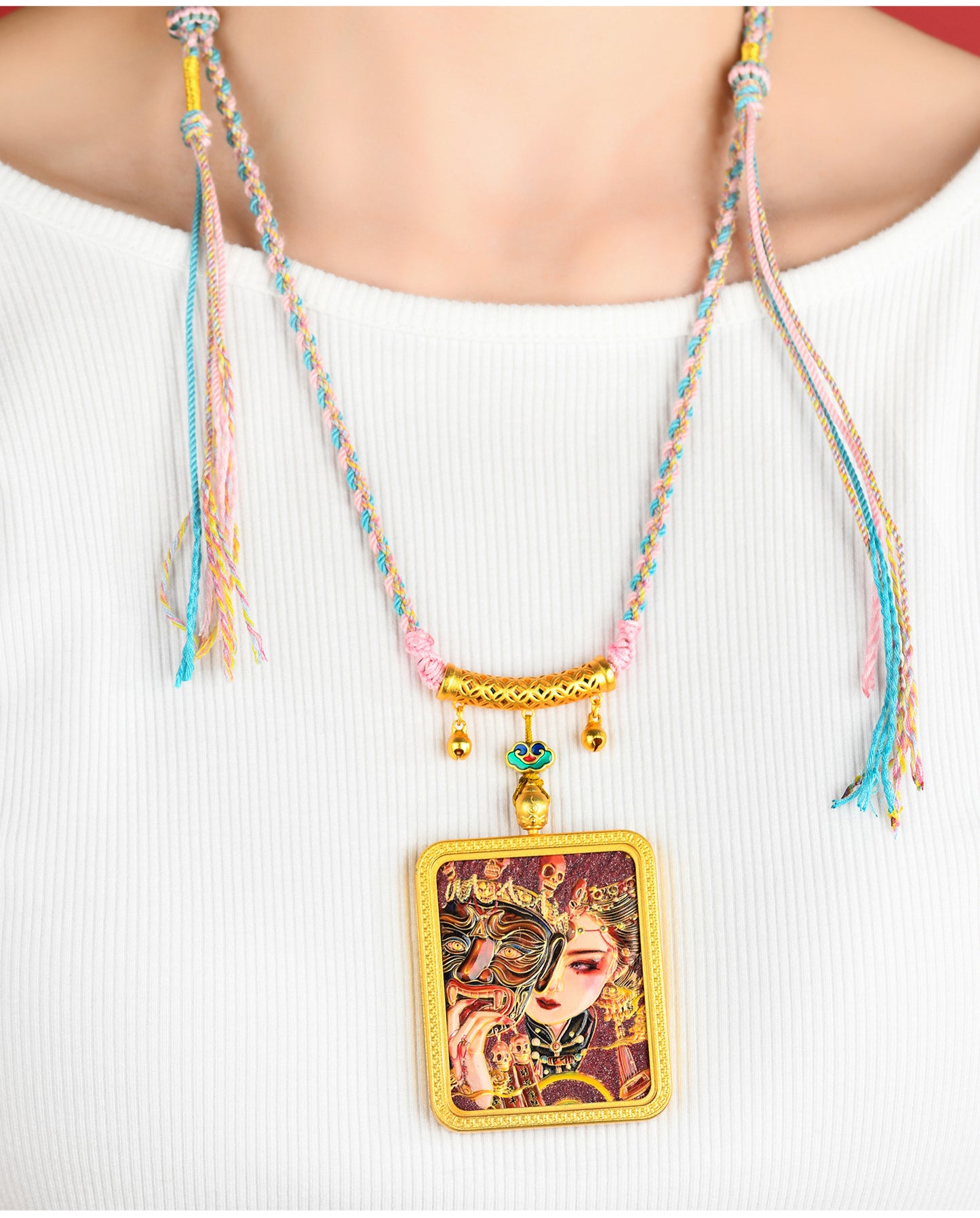 Purple Gold Cinnabar Past Life Present Life Thangka Pendant | Tibetan Hand-woven Spiritual Necklace