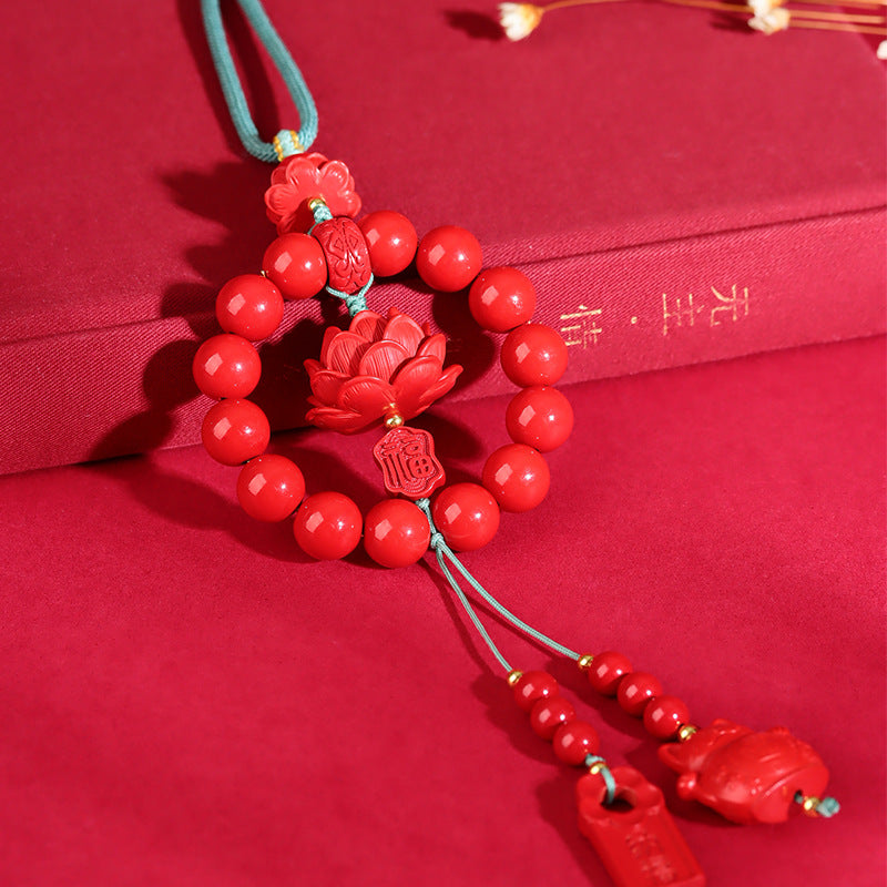Natural Imperial Red Cinnabar Peace Lotus Car Hanging Ornament - Feng Shui Protection Charm