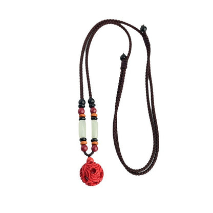 Natural Cinnabar Dragon Phoenix Hollow Ball Pendant Necklace - Auspicious Protection & Harmony