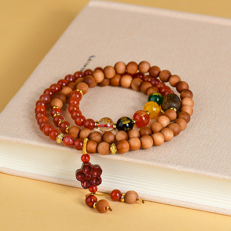 Sandalwood Southern Red Agate Five-Way Wealth God Bracelet | Ancient Chinese Retro Talisman