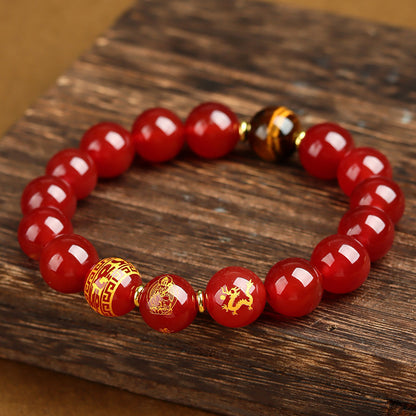 Natural Obsidian Zodiac Buddha Bracelet with Tiger Eye and Six-Word Mantra