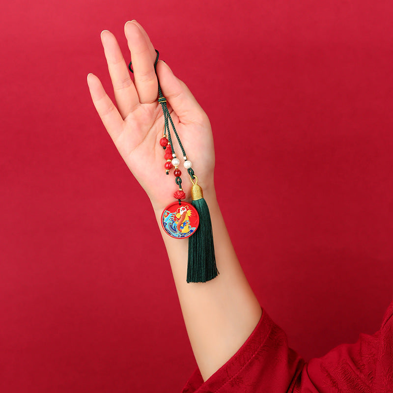 Natural Imperial Red Cinnabar Fish Leaping Dragon Gate Pendant - Luck & Success Keychain Charm