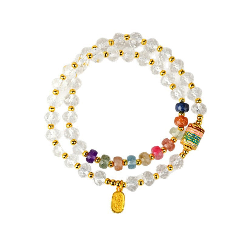 Natural White Crystal Rainbow Bead Double Circle Bracelet | Spiritual Harmony & Wealth Attraction