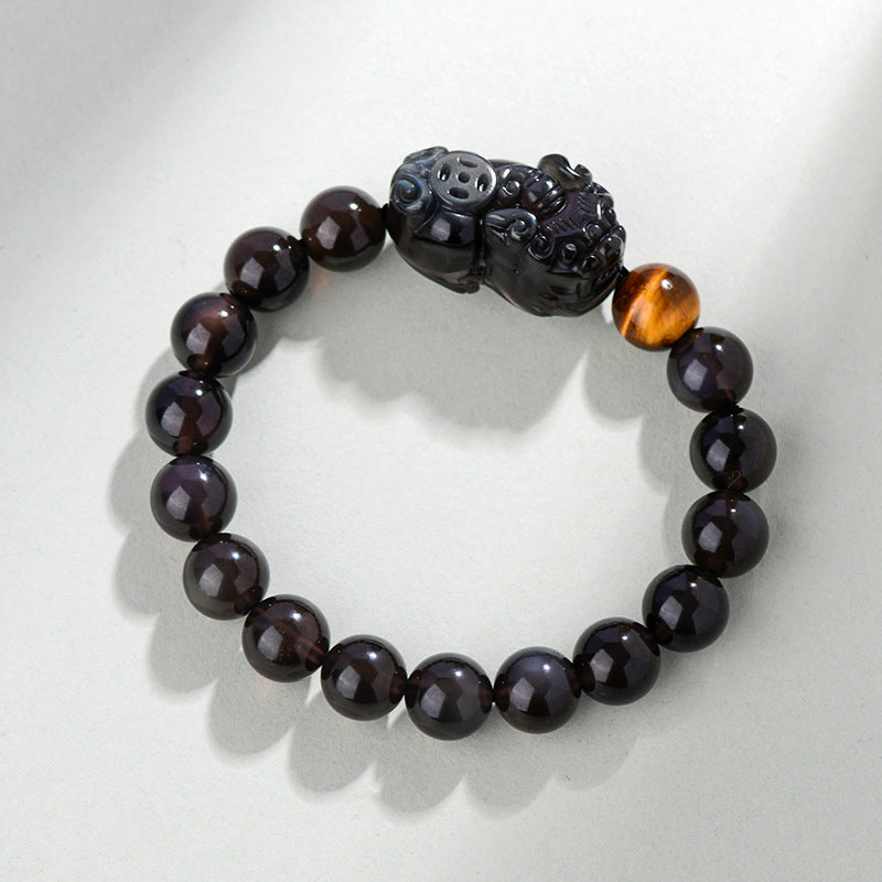 Natural Rainbow Eye Obsidian Pixiu Bracelet - Wealth and Protection Talisman for Couples
