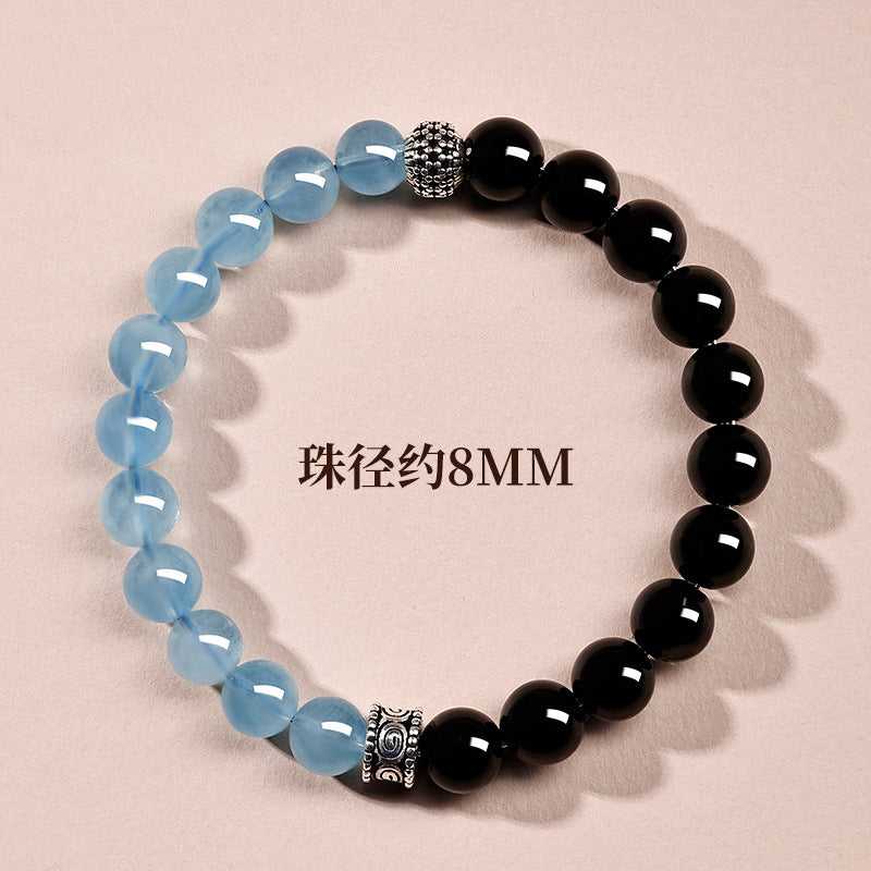 Natural Obsidian Aquamarine Crystal Bracelet - Couple Spiritual Harmony & Protection