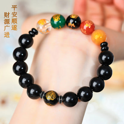 Natural Obsidian Red Agate Five Directions Wealth God Zodiac Buddha Bracelet for Prosperity