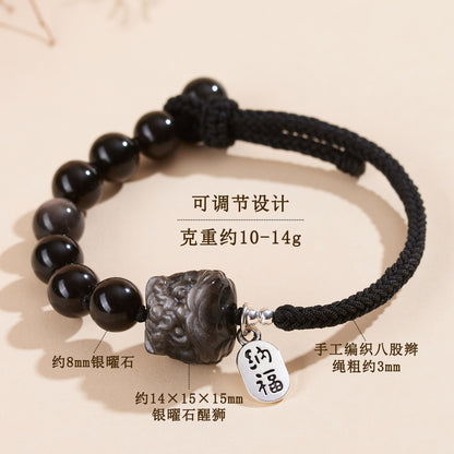 Silver Obsidian Lion Awakening Handwoven Bracelet - Courage Protection Amulet