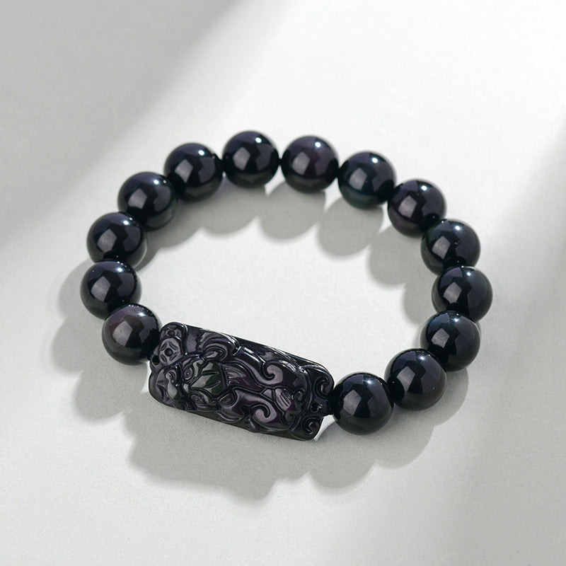 Natural Rainbow Eye Obsidian Pixiu Bracelet - Wealth and Protection Talisman for Couples