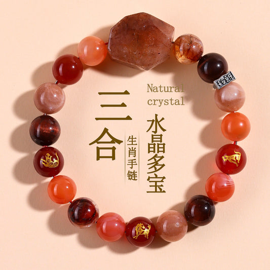 Natural Crystal Zodiac Three-Planet Bracelet - Black Gold Flexible Unisex Spiritual Amulet