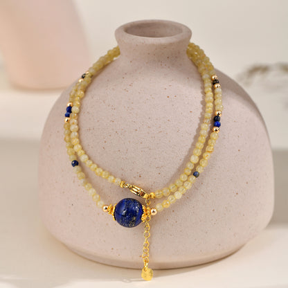 Natural Golden Rutilated Quartz Lapis Lazuli Collarbone Necklace | Wealth & Wisdom Talisman for Women