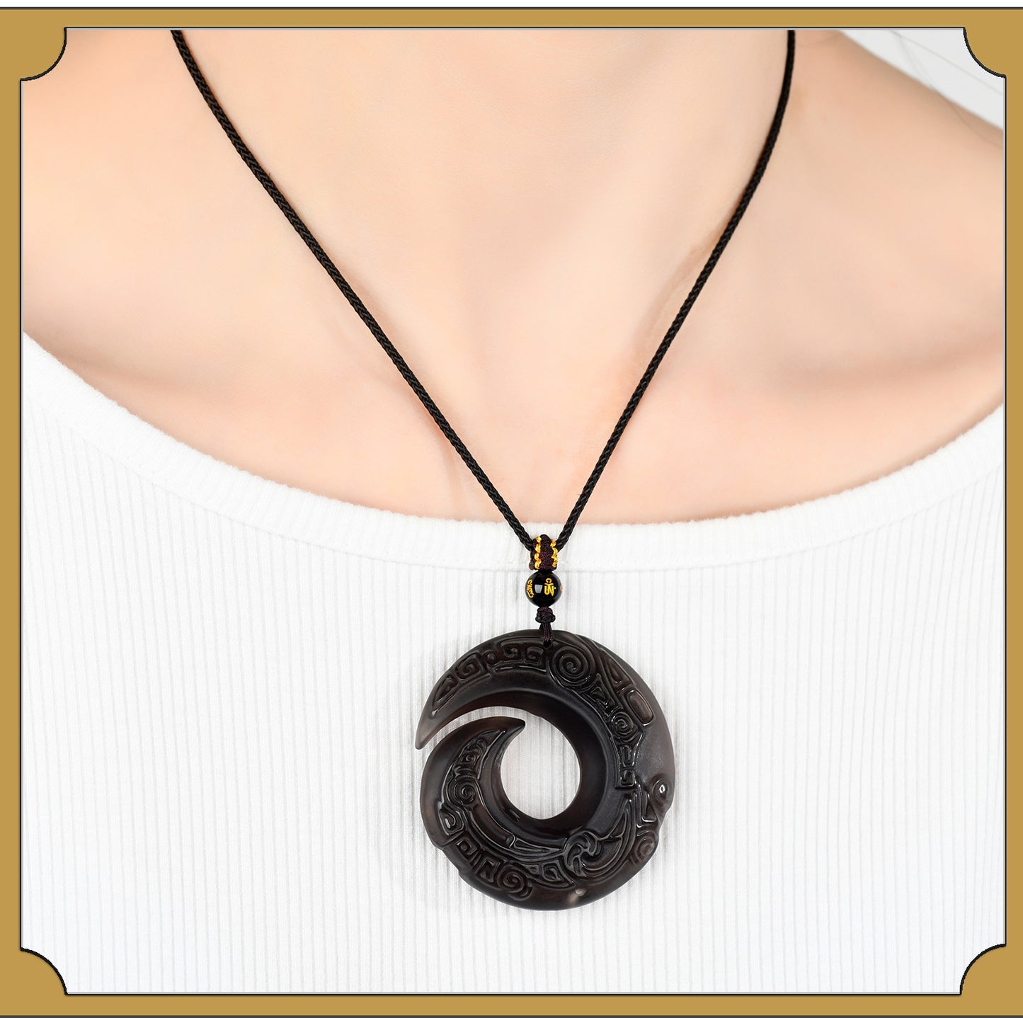 Natural Mexican Obsidian Lucky Pendant | Peace Buckle Necklace for Spiritual Protection