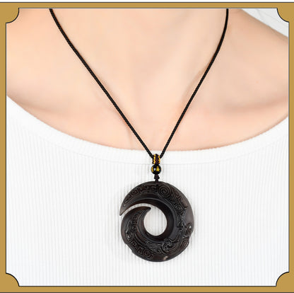 Natural Mexican Obsidian Lucky Pendant | Peace Buckle Necklace for Spiritual Protection