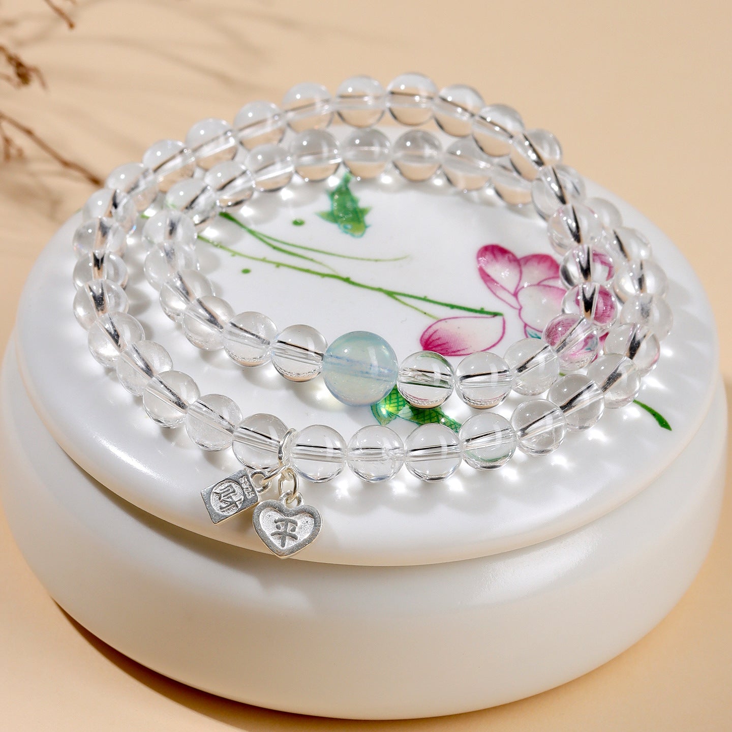 White Crystal Aquamarine Double Circle Bracelet - S925 Silver Chinese Style Elegance