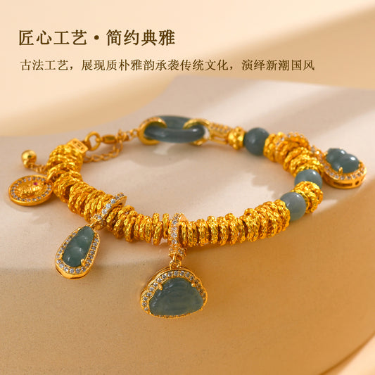 Golden Coiled Natural Jade Multi-Gem Bracelet | Wealth & Protection Talisman